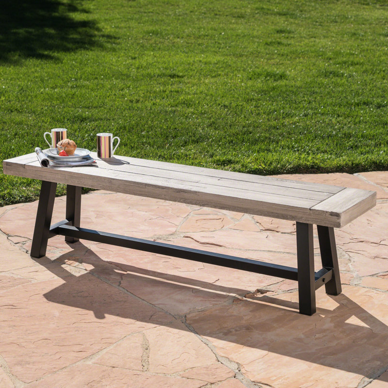 Banc moderne en bois industriel avec sablage gris et métal noir, panneau à lattes, l 63 po x P 14,77 po, H 17,38 po