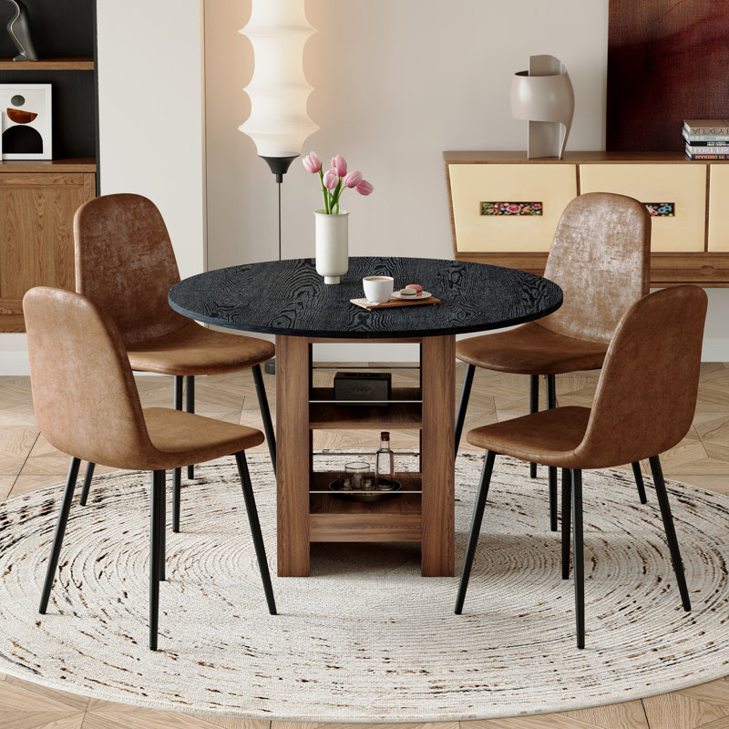 Table de salle à manger 42 "Mid-Century, 5 pièces: table, 4 chaises, Noir, Brun