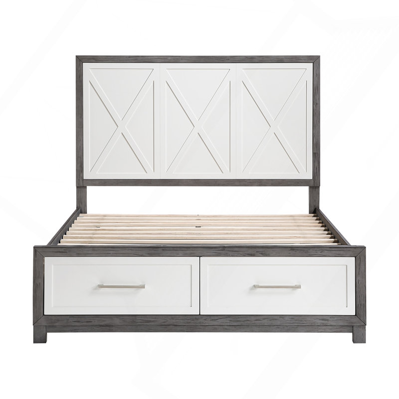 Grand lit plateforme avec rangement au pied de lit et finition élégante à deux tons, parfait pour les chambres à coucher modernes