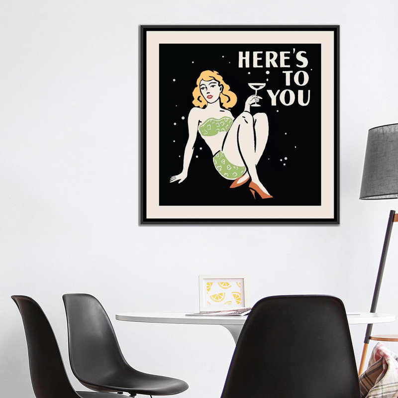 «Here Is to You», publicité rétro sur toile, H 18 po x l 18 po x P 1,5 po, Toile avec cadre noir, Pas de tapis