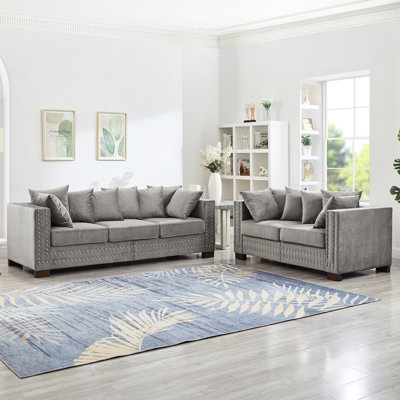 Canapé en velours gris 2 + 3 places de style moderne avec clous carrés et argentés, sièges à ressorts confortables à haute élasticité, housses de coussin lavables, rangement en bois massif nécessaire pour l'assemblage