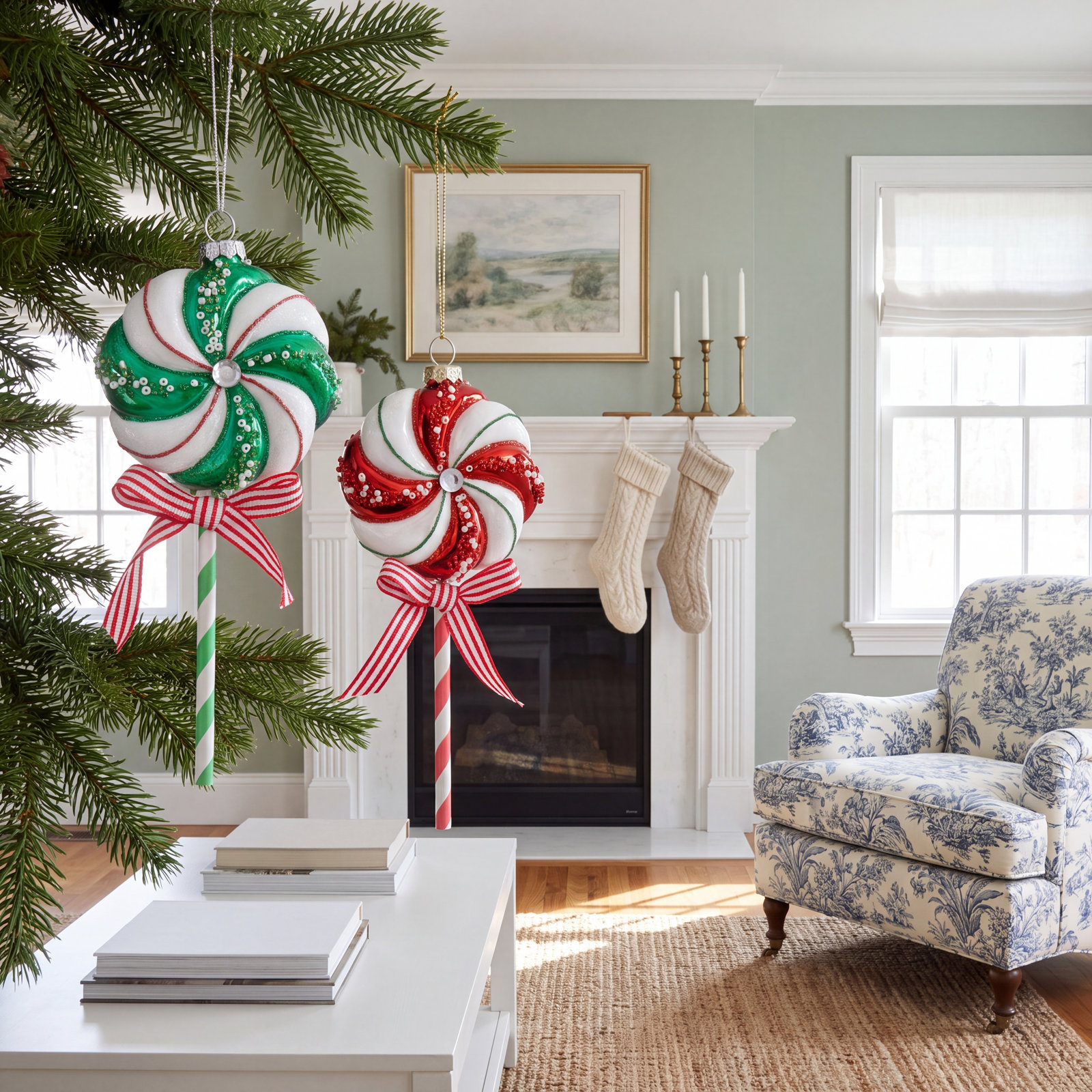 Glass Lollipop Christmas Ornaments, 6 Hanging Pieces (3 Sets of 2)