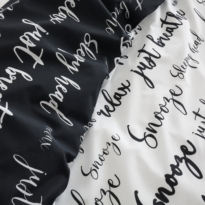 Script Text Black/White Reversible Duvet Cover Set, Double - 2 Standard Pillowcases
