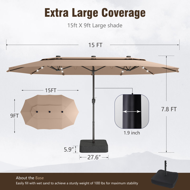 Parasol rectangulaire de marché éclairé 180 po x 108 po avec base, parasol rectangulaire double face, L 108 po x P 180 po