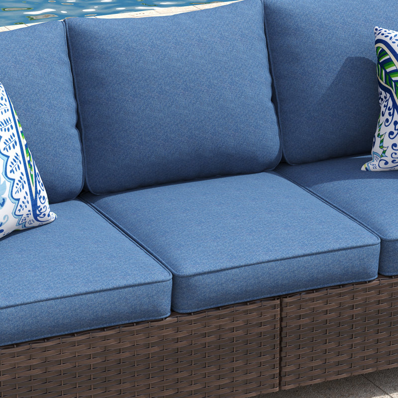 Willesden 7-Person Outdoor Wicker Conversation Set with 3-seat Sofa, Loveseat, Sofa Chairs, and Rattan Fire Pit Table, Blue