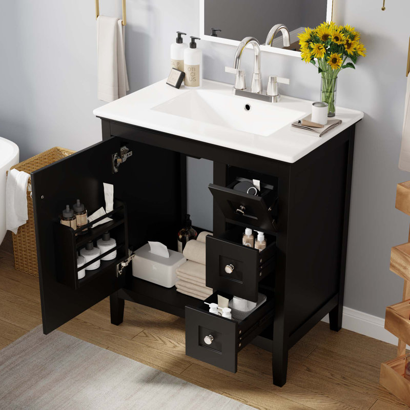 30"Bathroom Vanity With Ceramic Sink, Bathroom With 3 Drawers, Solid Wood Frame Modern Bathroom Storage Cabinet , Ideal For Home