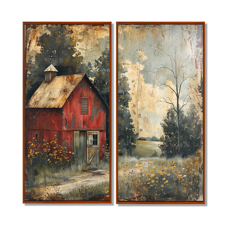 Ensemble de 2 granges campagnardes vintage rouge et gris d'hiver, 20" H x 24" W, Impression encadrée flottante, Brown