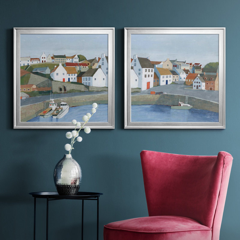 Ensemble de 2 cadres photo Old Coast Town I Old Coast Town I, H 17,5 po x l 35 po x P 1,5 po, Toile avec cadre argenté