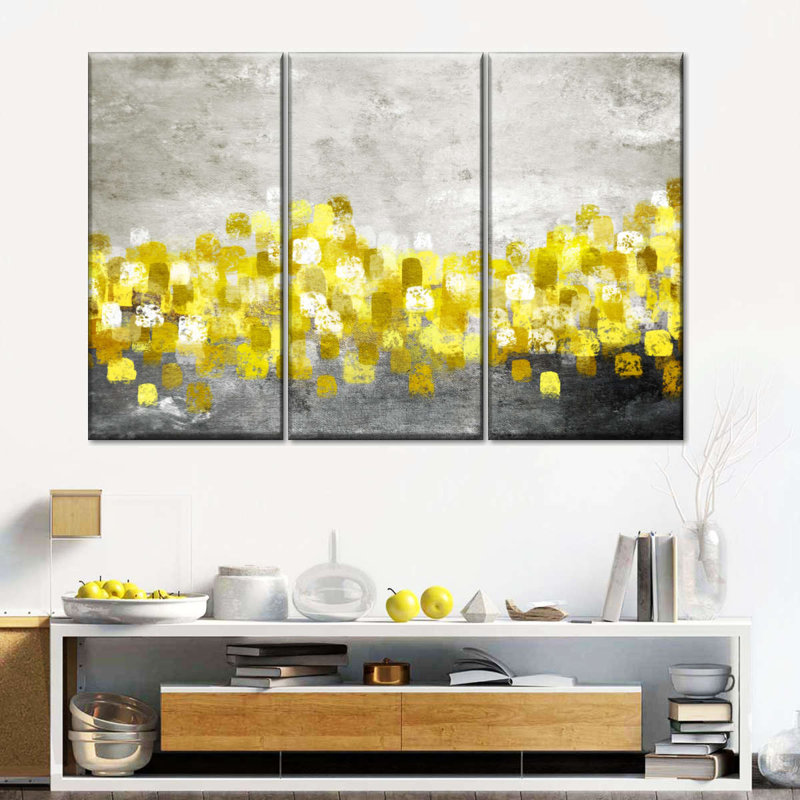 "Abstract Pop Of Yellow Abstract XXIII", ensemble de 3 pièces sur toile par Julie P, H 24 po x l 38 po x P 1,25 po