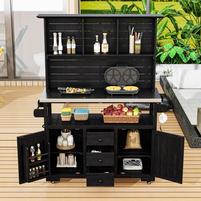 Banc de jardin avec plateau en acier inoxydable, huche et tiroirs, îlot de cuisine extérieur mobile, Noir