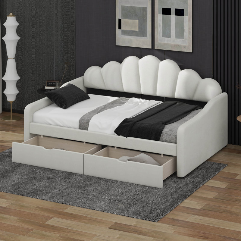 Full Size Modern Upholstered Sofa Day Bed With Shall Shaped Backrest & Storage Drawers, Beige