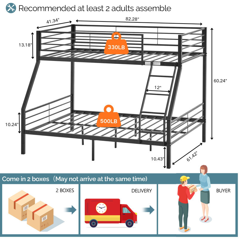 Black Twin XL Over Queen Metal Bunk Bed With Ladder For Kids And Adults,No Box Spring Required,Heavy Duty, Twin XL Over Queen