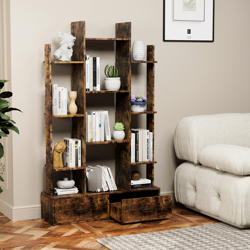 Étagère ouverte vintage avec 2 tiroirs et 12 tablettes, bibliothèque industrielle brun rustique pour la chambre à coucher, le salon et l'organisation de tablettes