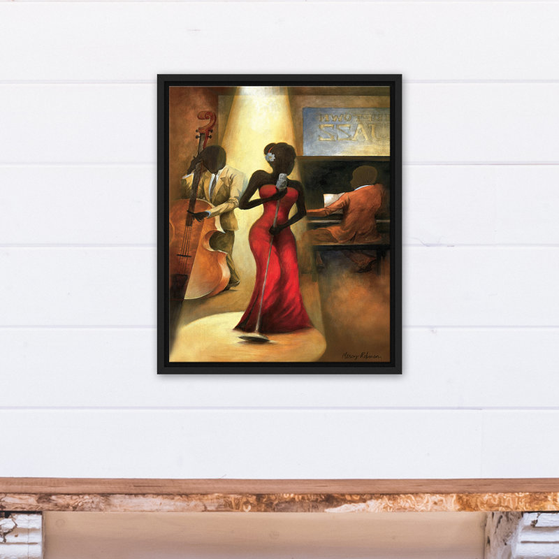 Chanteuse de jazz en rouge sur toile, H 21,75 po x l 17,75 po x P 1,75 po, Cadre flottant noir