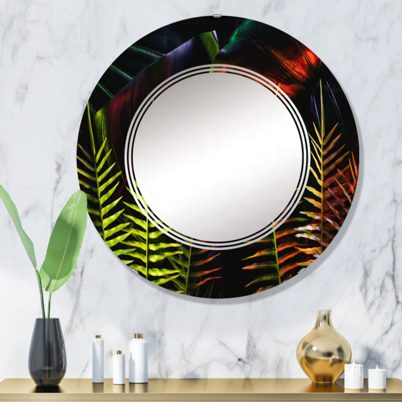Feuilles tropicales ton sur ton noir II - miroir mural rond rond, 32 po x 32 po