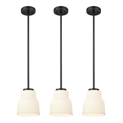 Ensemble de 3 luminaires suspendus rétro 1 lumière avec abat-jour en verre opale rayé
