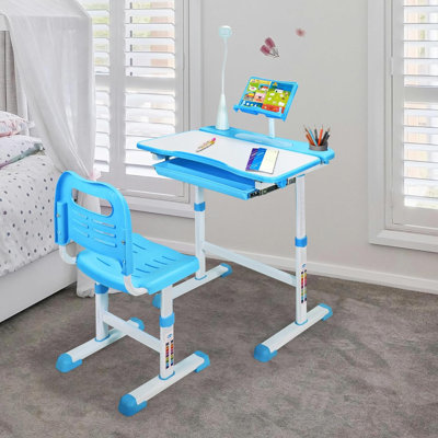 Ensemble de bureau et de chaise pour enfant réglable avec plateau inclinable, tiroir et lampe d'étude à DEL