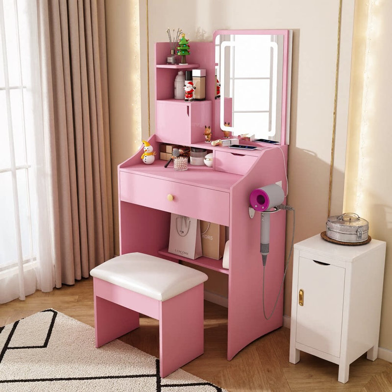 23.6" Pink Vanity Set with LED Mirror & Stool | Dressing Table with 2 Drawers & 5 Storage Cabinets (4 Open + 1 Hidden) | Adjustable 3‑Color Lighting, Built‑In Charging Station | Compact Space‑Saving Makeup Desk
