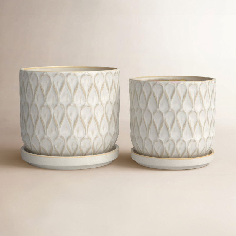 Neutral Textured Ceramic Saucer Planters Set of 2, White