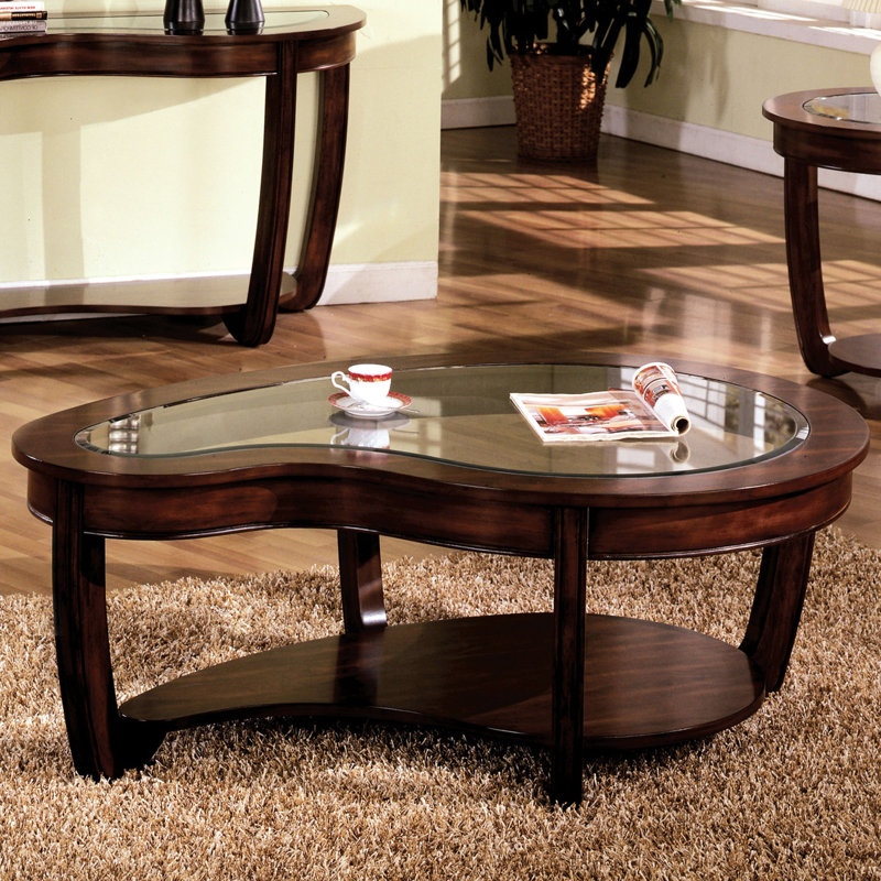 Contemporary Dark Cherry Coffee Table With Solid Wood Base And Glass Insert Tempered Shelf