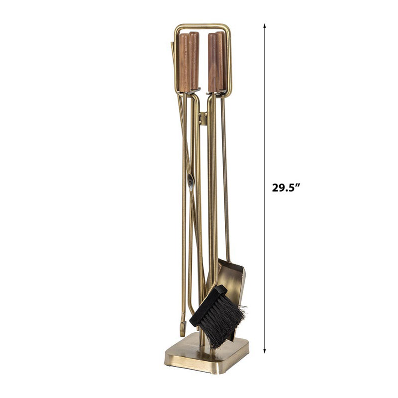 Aged Brass and Walnut Wood 5-Piece Fireplace Tool Set