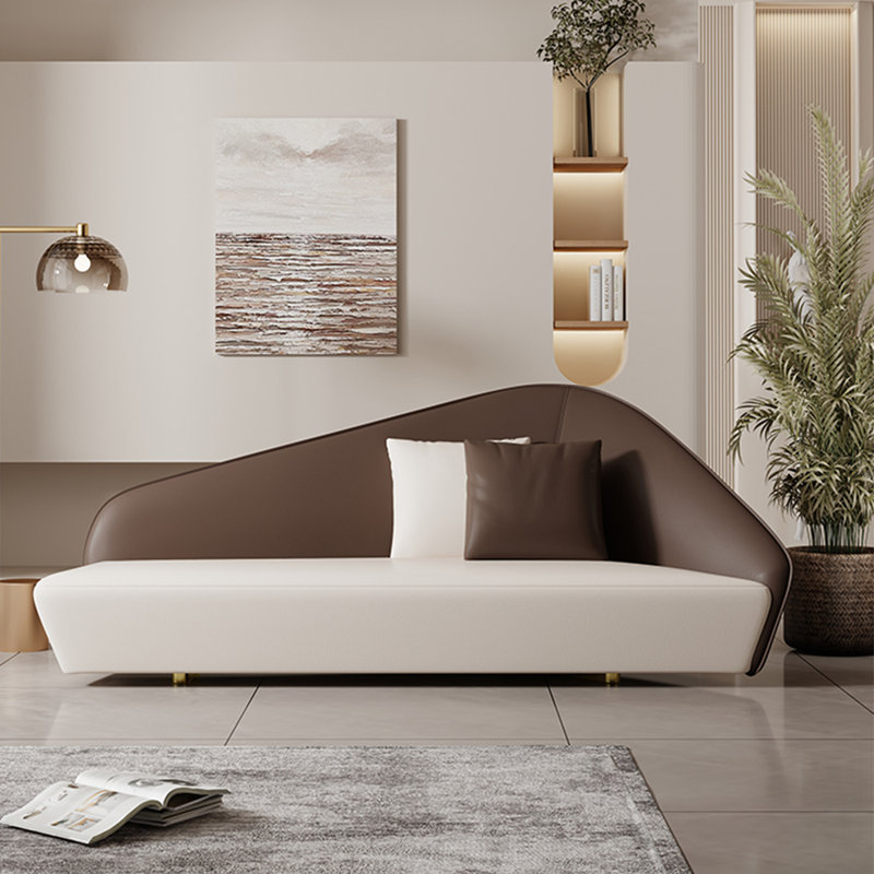 Méridienne moderne en cuir synthétique, Accoudoir à droite (vu de face), Beige / café