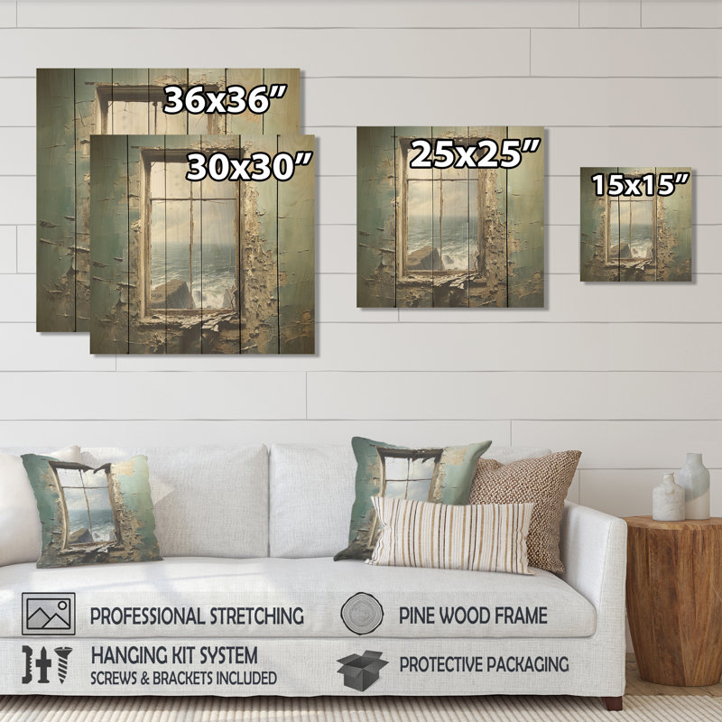 Cliffside Window View Gaze - Coastal Windows On Wood Print, 15" H x 15" W
