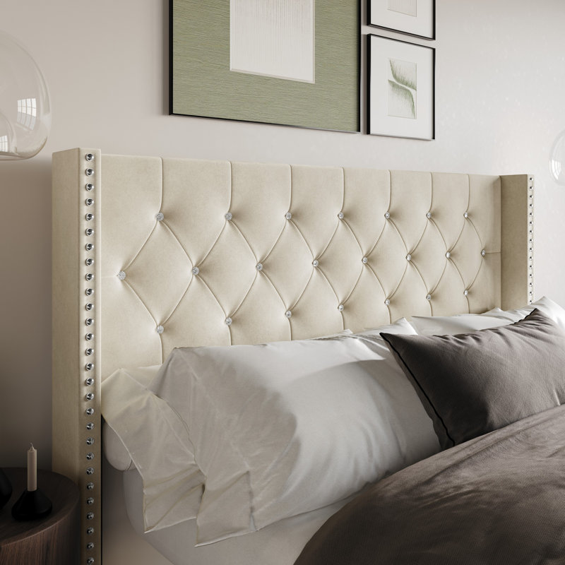 Gretna Tufted Upholstered Velvet Headboard, Beige, Full
