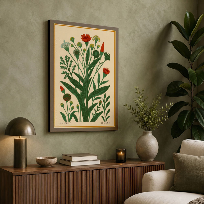 Flowering Plant Study Botanical - Wrapped Canvas, 36x24 - 91.4 x 61.0 cm, Ochre Border