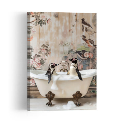 Penguins Bubble Bath Classic Vintage Bird Penguin Flower Wall Art Print
