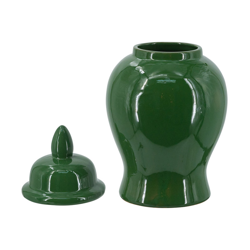 Classic Ceramic Ginger Jar With Glossy Finish And Finial Lid, 12.2" H x 6.3" W x 6.3" D, Green