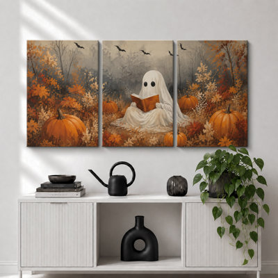 «Whimsical Ghost Pumpkin Patch», images de salon, impression sur toile encadrée, 3 pièces, 16 po x 24 po x 3 pièces, 24 po x 36 po x 3 pièces