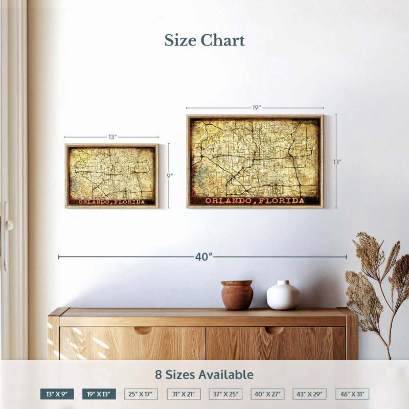 Vintage Orlando City Map, Floating Frame Natural Wood, 19" X 13"