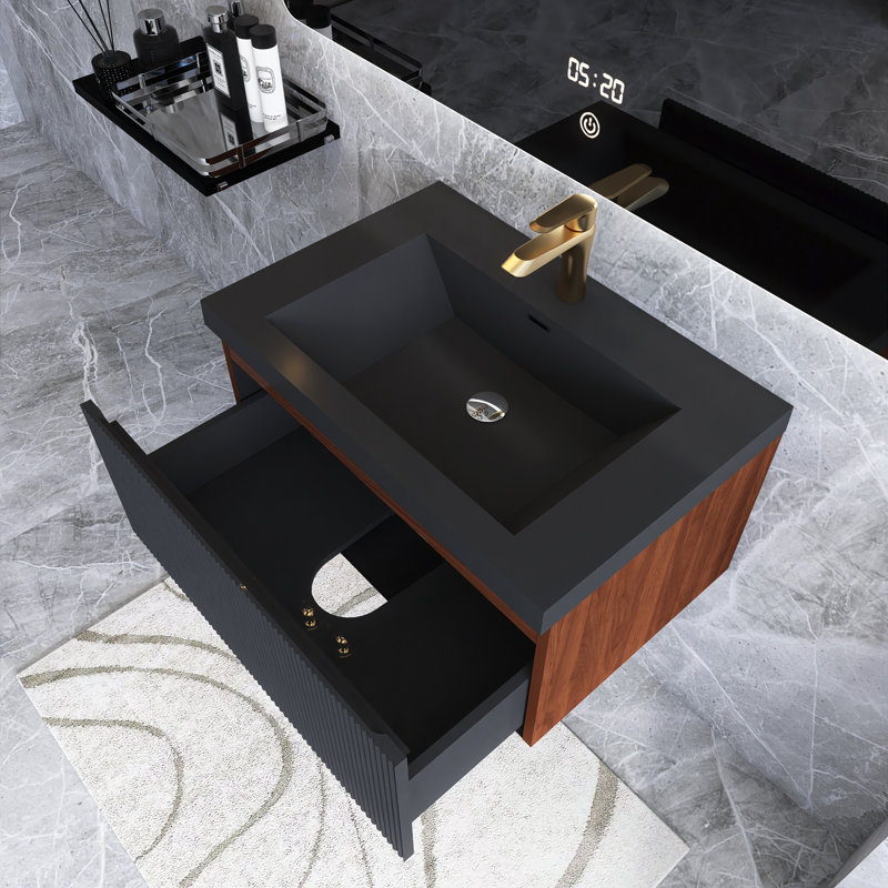 Modern Wall Mounted Striped Bathroom Vanity With Sink And Soft-Close Drawer, 30"