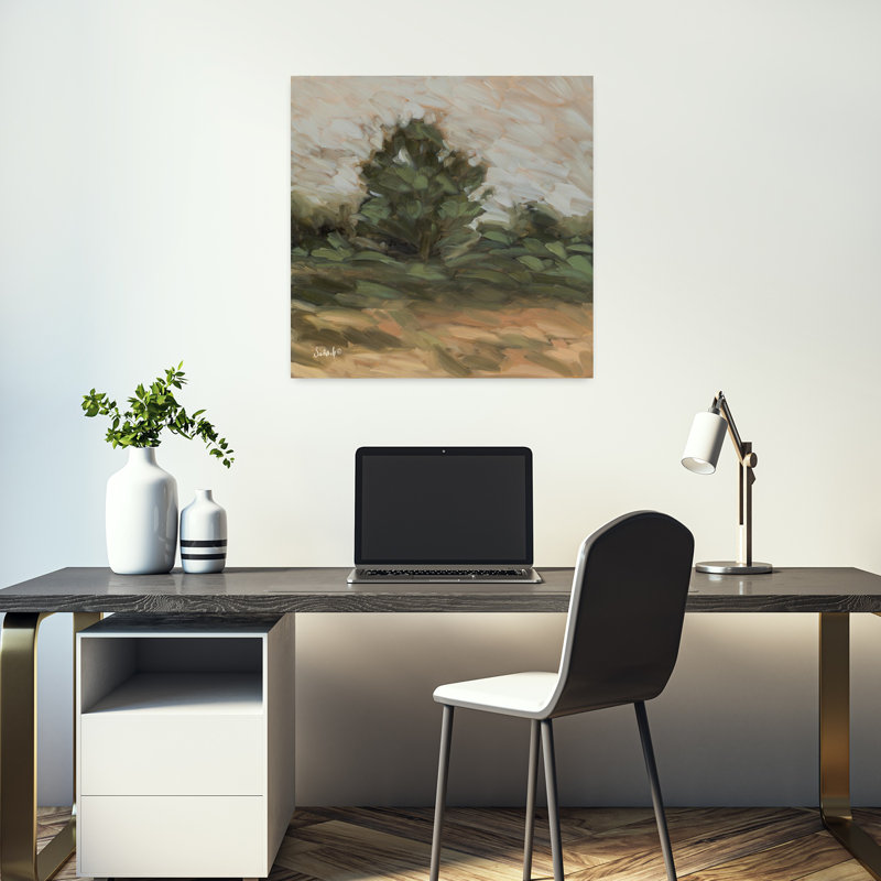 Art contemporain de paysage avec des coups de pinceaux terreux sur un arbre vert, H 18 po x l 18 po