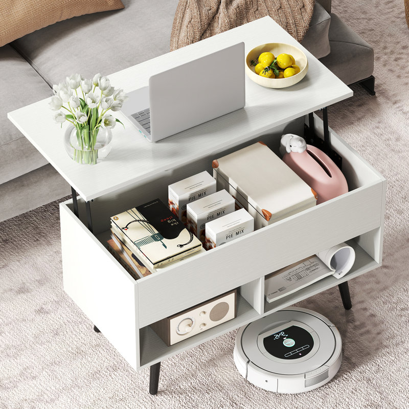 Lift Top Coffee Table with Storage, White, White