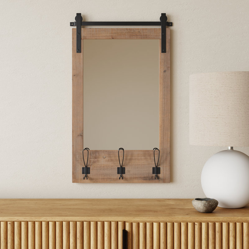 Enora Flat Mirror with Hooks, Rustic Brown