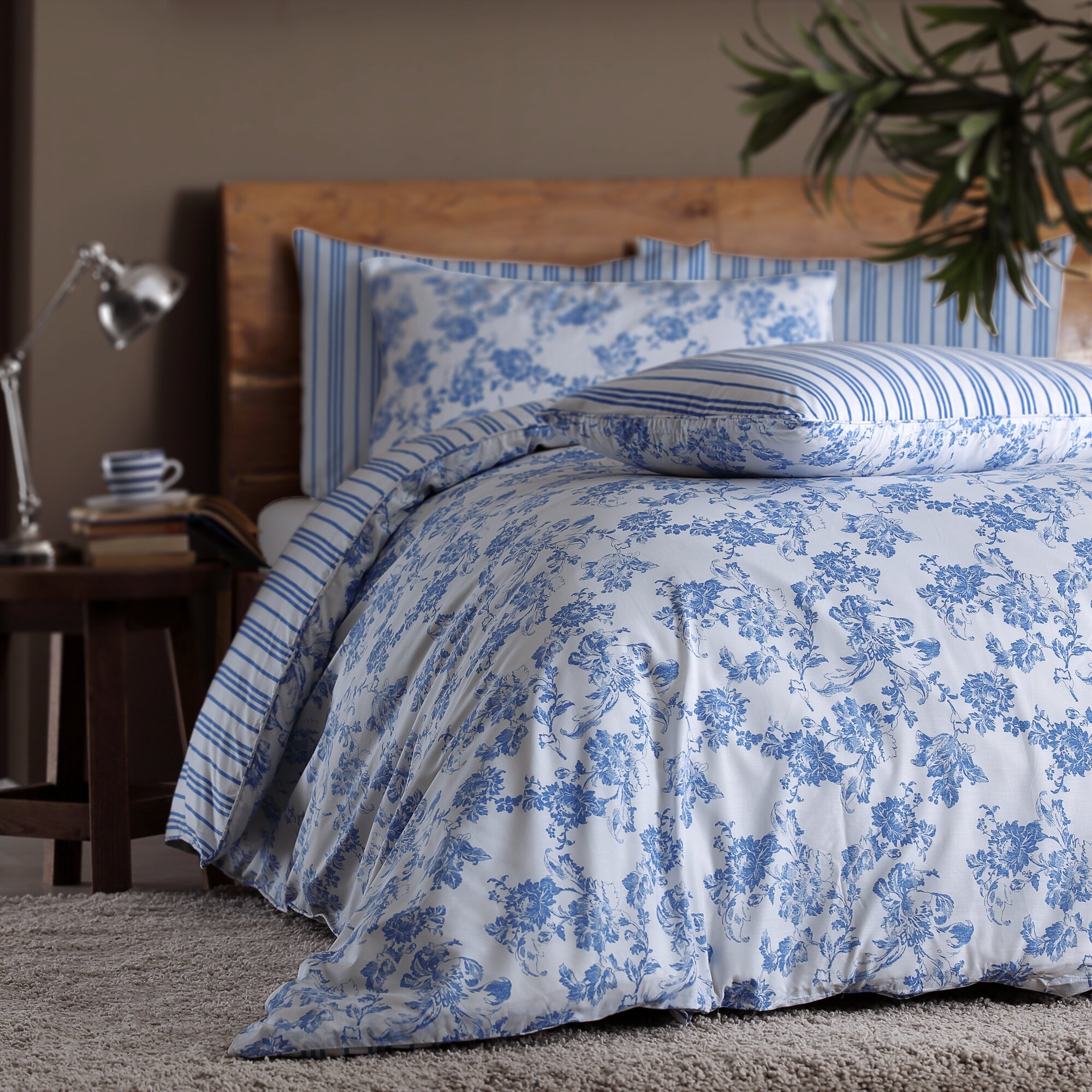 Blue And White Floral Bedding Striped Duvet Cover Set, 60% OFF