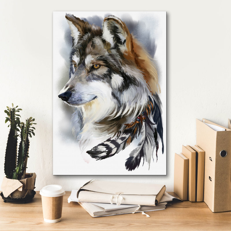  «Red Wolf Head and Bird Feathers» par Kajenna, art mural sur toile, 18 po x 26 po, H 26 po x l 18 po