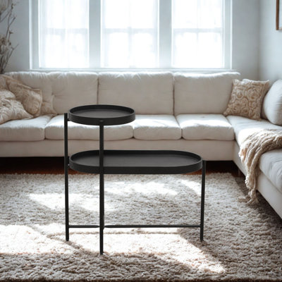 2-Tier Black Side Table with Storage Sofa Table for Living Room Metal Frame & Wooden Desk End Table