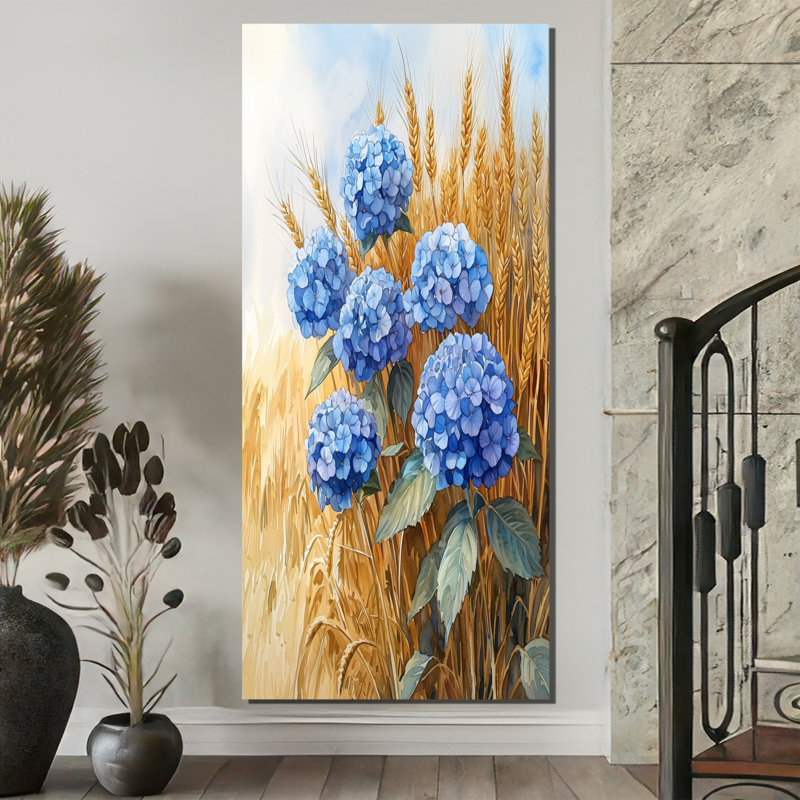"Hortensias de campagne dans le champ de blé" IV - Hydrangea, art mural encadré, H 60 po x l 28 po, Toile tendue