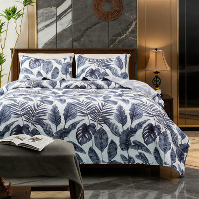 King Blue Palm Leaves Tropical Plants Quilt Set, Rainforest Style, Reversible, Lightweight, All Season, 3 Pieces