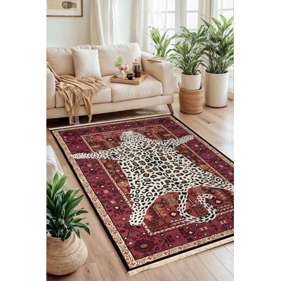 Maroon Faux Leopard Print Area Rug