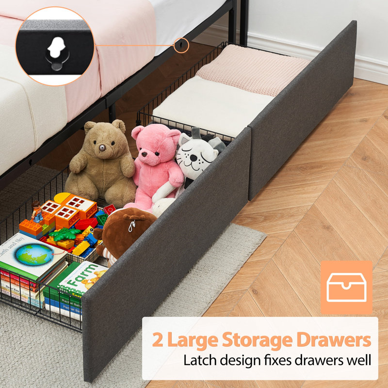 Twin Size Bed Frame with 2 Storage Drawers and Charging Station, Linen Upholstered Platform Bedframe with Storage Headboard, No Box Spring Needed, Noise Free, Easy Assembly, Grey