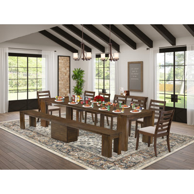 9-Pc Dining Room Set contains an Extendable Rectangle Kitchen Table and 7 Stackable Polyester Dining Chairs and 1 Modern Bench, Antique Walnut