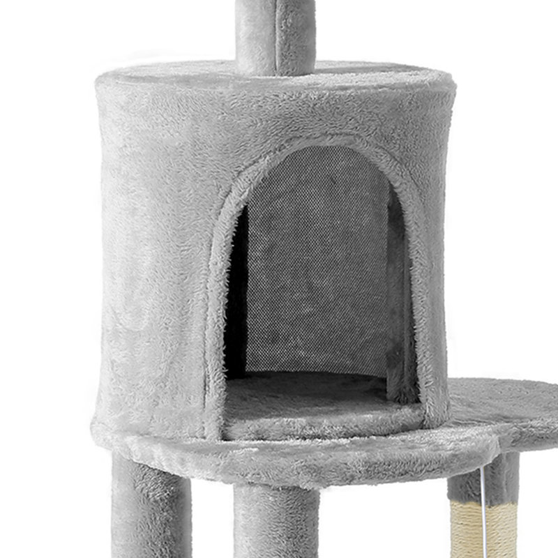 Cat Climbing Tree With Hammock, Scratching Posts, Two Dangling Balls, And Plush Hideaway, Cat Tower For Apartment, Grey