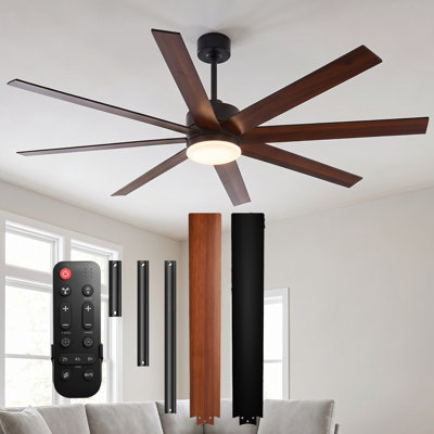 72'' Large Indoor/Covered Outdoor Ceiling Fan with LED Light and Remote, 8 Wood Blades, Wide-Coverage 3-Color Dimmable Light, 6-Speed Quiet Reversible DC Motor