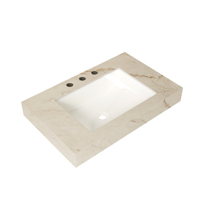 Comptoir en pierre frittée couleur crème veinée or de 30 pouces et lavabo en céramique encastrée avec 3 trous de robinetterie standard prépercés, SANS meuble, SANS robinet ni couvercle d'évier, convient aux marques LULA, EIDEN, FINO, MURI, etc.