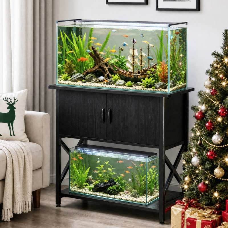 Support robuste pour aquarium de 40 à 50 gallons avec armoire de rangement à 2 niveaux pour poissons, tortues et reptiles – Design rustique en bois brun et métal, pieds ajustables, noir