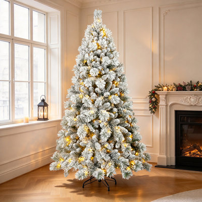  Arbre de Noël enneigé artificiel pré-éclairé avec branches en PVC, lumières, aiguilles de pin, décor des Fêtes